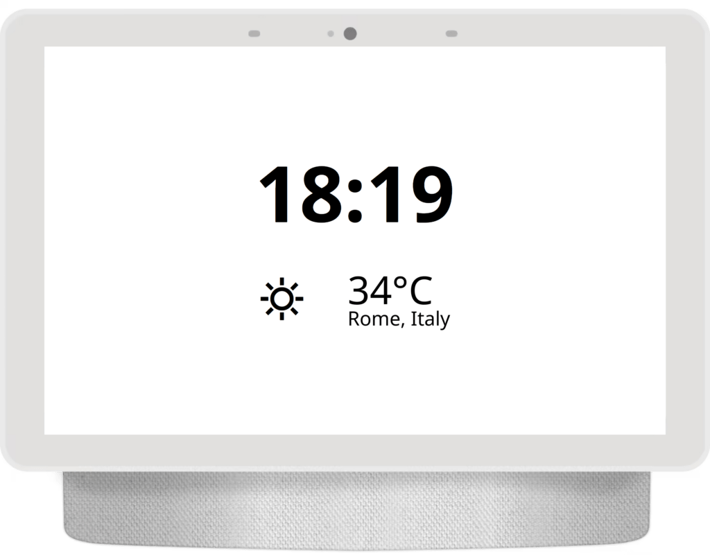 Simulazione di Google Nest Hub con dentro orario e condizioni meteo