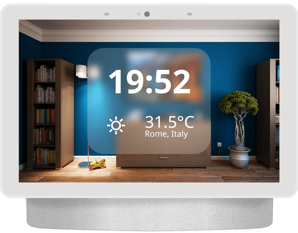 Simulazione di Google Nest Hub con dentro orario e condizioni meteo